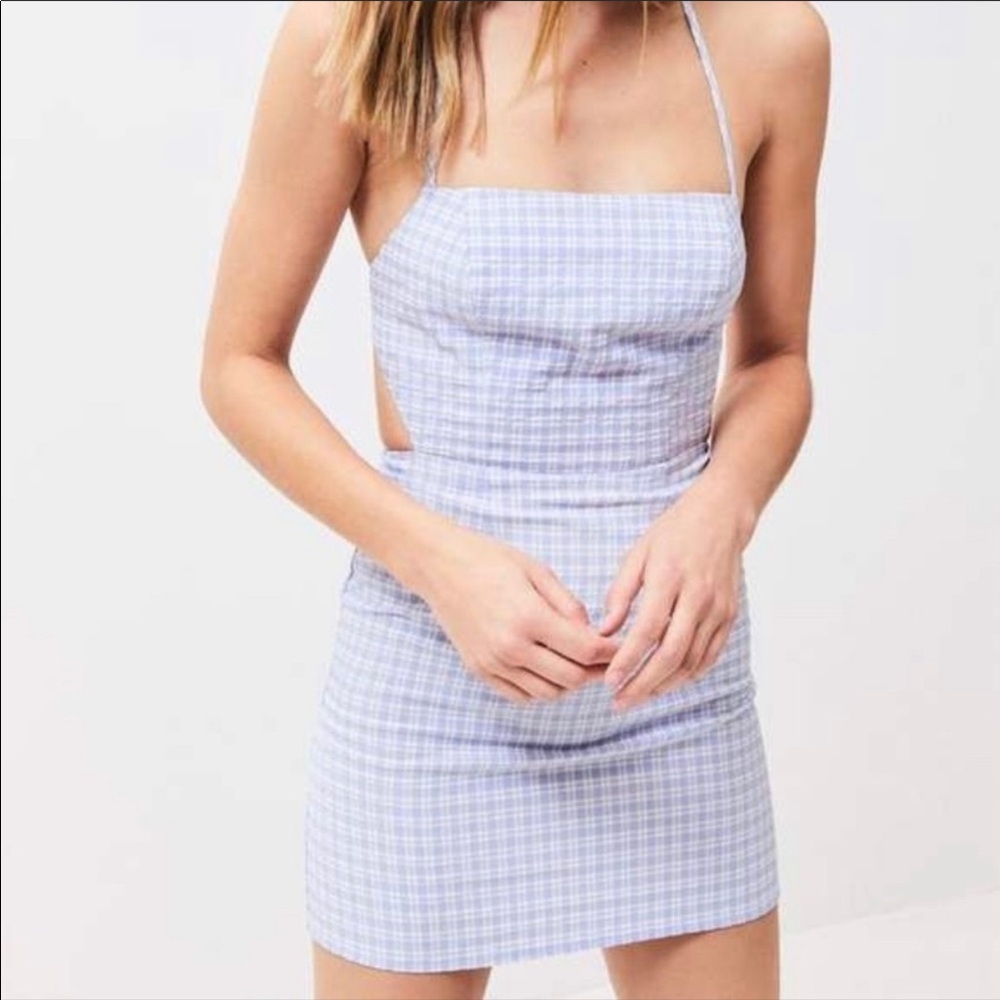 Plaid open back halter mini dress